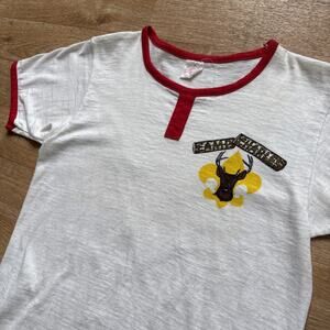 Vintage 60s CAMP CHARLES BSA Boy Scouts Elk Log Letters Ringer T-Shirt Sz 16